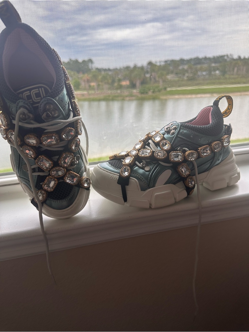 Gucci Green Crystal-Embellished Rhyton Sneakers